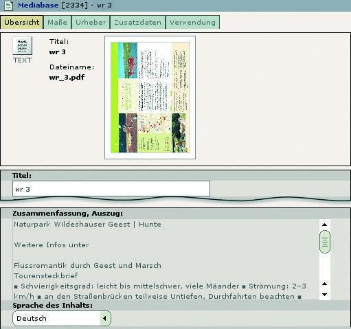Metadaten einer PDF-Datei mit Textauszug und automatisch erkannter Sprache.