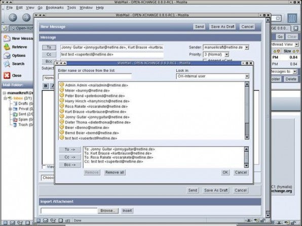 Das Web-Interface vernetzt die einzelnen Applikationen und erlaubt beispielsweise die Adressübernahme aus dem globalen Adressbuch in eine neu erstellte E-Mail.