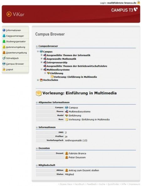 Im Campus Browser kann der Benutzer das Kursangebot einsehen, Kurse abonnieren oder andere Rollen einnehmen.