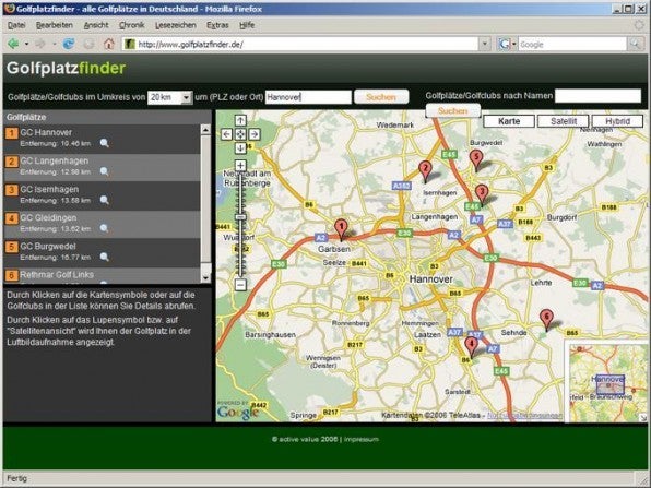 Das Google-Maps-Mashup golfplatzfinder.de stellt alle deutschen Golfplätze  übersichlich dar.