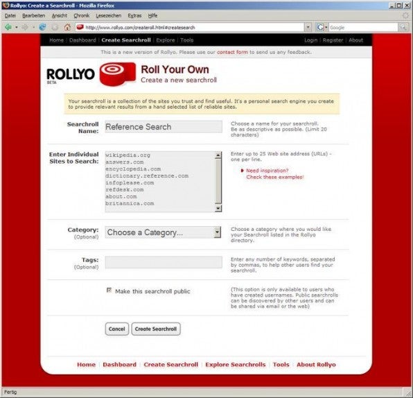 Mit Rollyo, einem klassischen Mashup im Bereich der Suchmaschinen, kann man sich seine persönliche Suchmaschine zusammenstellen.