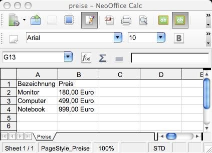 Die mit Spreadsheet_Excel_Writer generierte XLS-Datei in NeoOffice.