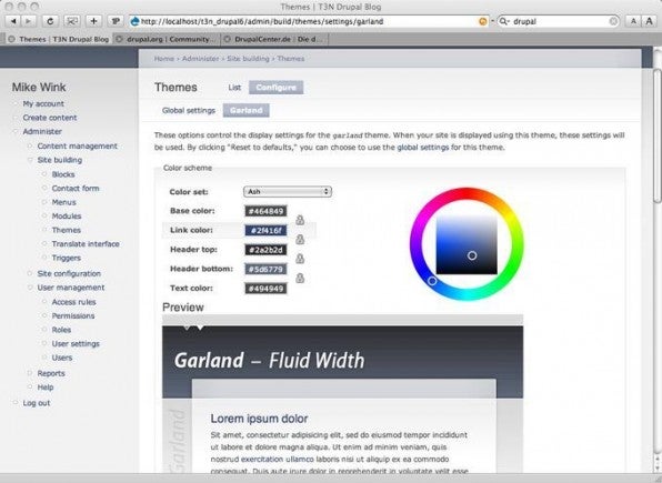 Das Drupal-Standard-Theme Garland lässt sich mit Hilfe des Colorpickers leicht an die eigenen Farbwünsche anpassen.
