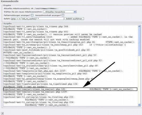 Beim Beheben von Fehlern in der Indexierung – hier durch Auskommentieren der Anweisung „set_no_cache()“ – kann die in TYPO3 integrierte Kommandozeile helfen.