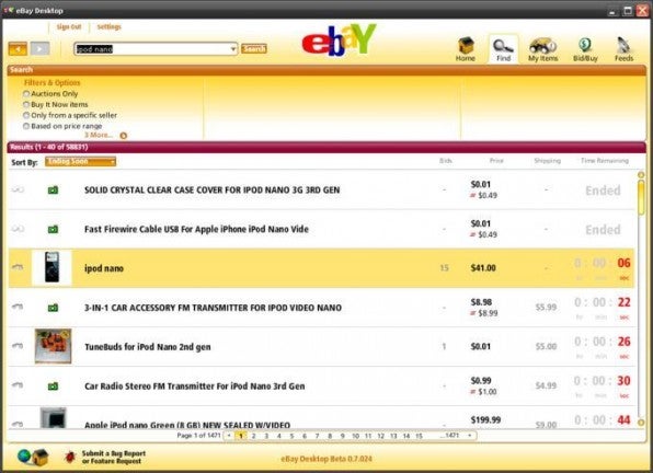 Die AIR-Applikation eBay Desktop erleichtert die Nutzung der Auktionsplattform, etwa durch Funktionen zum Beobachten von Auktionen oder Erinnerungen in Echtzeit.