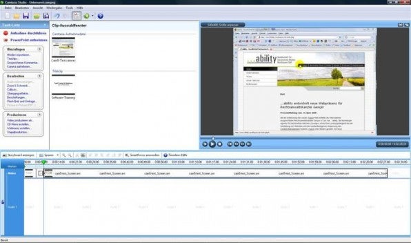 Das Bearbeitungsfenster von Camtasia-Studio mit Clip-Auswahlfenster, Vorschau und Timeline.