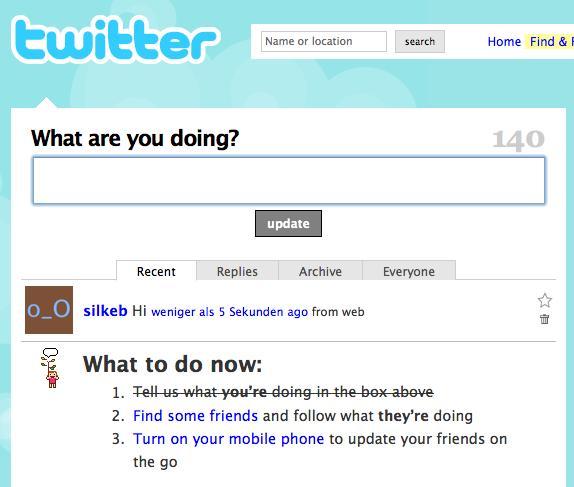 Beispiel Twitter.com: Obwohl die Website nur wenige Funktionen hat, erhält der Nutzer in der ersten Zeit der Nutzung ein paar Tipps, was er nun tun kann.
