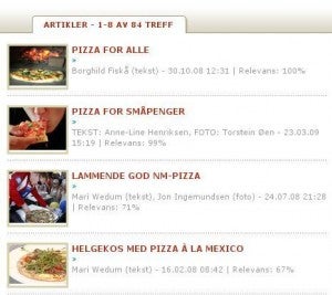 Eine Suche nach Pizza findet unterschiedlich relevante Ergebnisse.