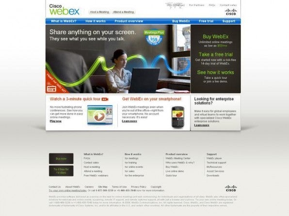 Die neue US-Website von Cisco WebEx setzt auf großflächige Grafiken und bietet schnellen Zugriff auf multimediale Inhalte.