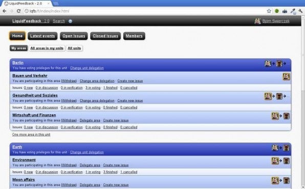 Bei Liquid Feedback hat jedes Mitglied eine eigene Übersichtsseite, die alle Bereiche auflistet, an denen das Mitglied partizipiert.