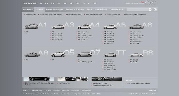 Begeistern Sie Kunden und zeigen Sie, was Sie haben. Wie hier bei audi.de wird die Navigation durch klare Strukturierung und gelungene Umsetzung zum haptischen Kundenerlebnis.