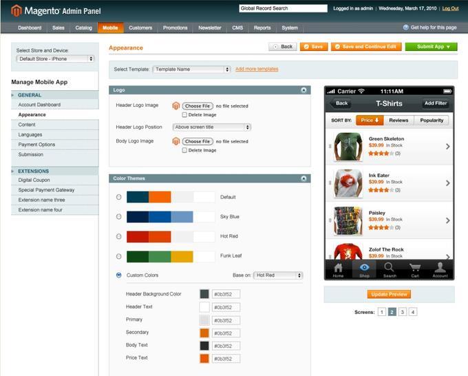 Die Mobile-Admin-Applikation erlaubt das Hinzufügen und Bearbeiten von Templates, Features und Themes, die es  ermöglichen, Magento-Shops auf das iPhone zu bringen.