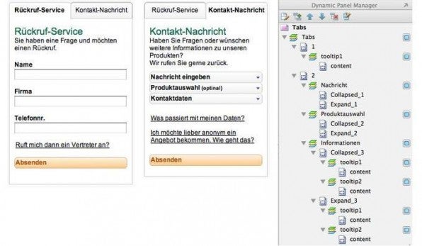 Verschachteltes Kontaktformular und dazugehörige dynamische Panels in Axure.