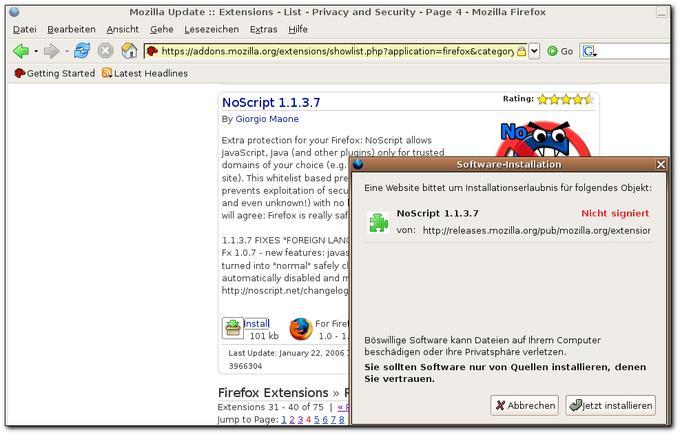 Nach dem Öffnen der xpi-Datei öffnet sich der Software-Installationsassistent. Mit einem Klick auf „Jetzt installieren“ wird die Erweiterung eingebunden.