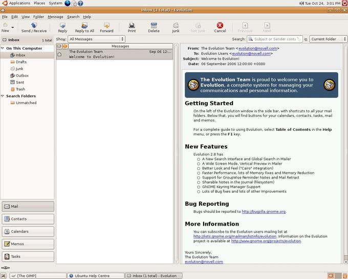Das zur Standardinstallation von Ubuntu 6.10 gehörende Outlook-Pendant Evolution bietet neuerdings auch eine übersichtliche Drei-Spalten-Ansicht. Das zur Standardinstallation von Ubuntu 6.10 gehörende Outlook-Pendant Evolution bietet neuerdings auch eine übersichtliche Drei-Spalten-Ansicht.