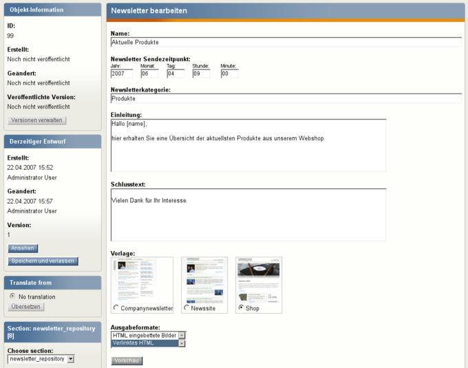 Während der Erstellung oder Bearbeitung eines Newsletters kann der Anwender unter anderem den Sendezeitpunkt und das Design auswählen.