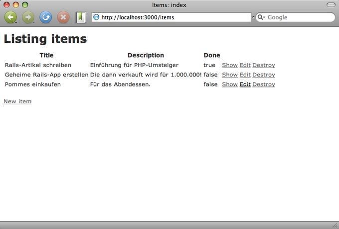 Bereits nach wenigen Zeilen Code steht eine erste Rails-Applikation, die alle eingegebenen ToDos auflistet.