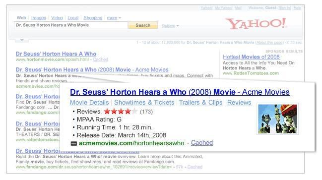 Yahoos SearchMonkey integriert semantische Funktionen, hier beispielsweise weitere Informationen zu einem Film, in die Suchergebnisse.
