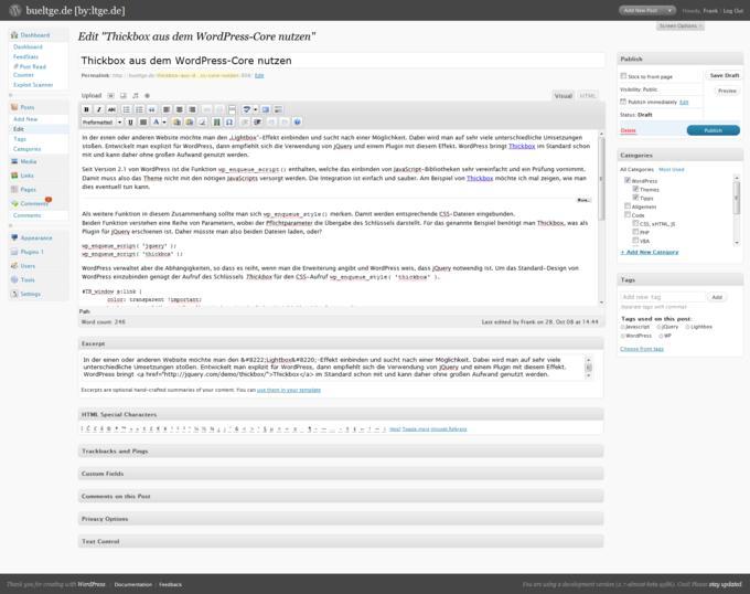 Mit der neuen Version 2.7 wurde das Backend von WordPress deutlich überarbeitet. Im Bild: Bearbeiten eines Postings. Mit der neuen Version 2.7 wurde das Backend von WordPress deutlich überarbeitet. Im Bild: Bearbeiten eines Postings.