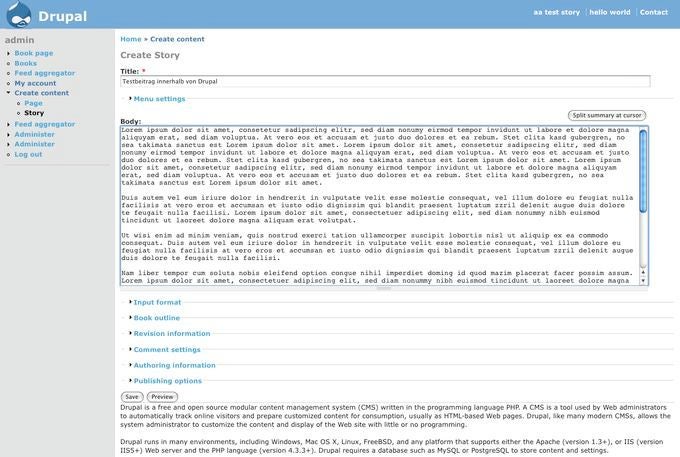 Unter Drupal heißen Artikel und ähnliche Beiträge "Story". Das System legt einen Schwerpunkt auf Community-Funktionen. Unter Drupal heißen Artikel und ähnliche Beiträge "Story". Das System legt einen Schwerpunkt auf Community-Funktionen.