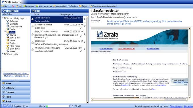 Die Zarafa-Webaccess-Oberfläche präsentiert sich im gewohnten Outlook-Look-and-Feel und unterstützt Drag & Drop.
