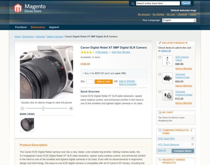 Der Demo-Shop von Magento zeigt bereits, welchen großen Funktionsumfang das Shop-System mitbringt: Besucher können zum Beispiel Produktfotos stufenlos zoomen, außerdem schlägt der Shop ähnliche Produkte vor.