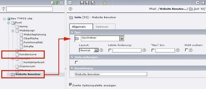 Durch Umstellung der Seiteneigenschaften kann der SysOrdner später die Daten für Nutzergruppen und Nutzer aufnehmen.