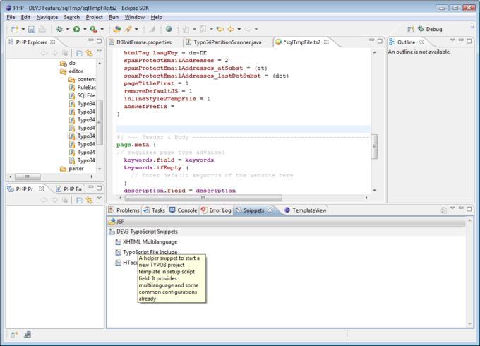 Die Entwicklungsumgebung „DEV3“ basiert auf Eclipse und unterstützt TYPO3-Entwickler bei der täglichen Arbeit unter anderem mit TypoScript-Code-Schnipseln. Die Entwicklungsumgebung „DEV3“ basiert auf Eclipse und unterstützt TYPO3-Entwickler bei der täglichen Arbeit unter anderem mit TypoScript-Code-Schnipseln.