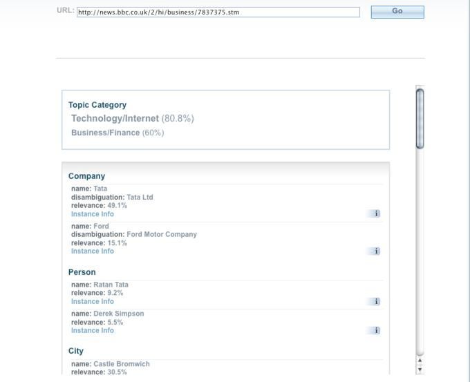 Mit dem auf Open Calais basierenden Dienst semanticproxy.com wurden aus einem BBC-Nachrichtenartikel Entitäten und Fakten extrahiert.