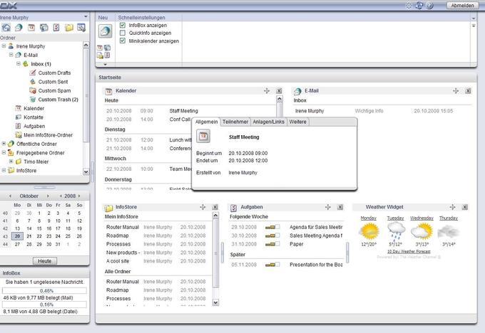 Auf der Portalseite bündelt Open-Xchange alle wichtigen Funktionen und bietet mit einem Klick Zugriff auf Termine, Aufgaben, Kontakte und Mails. Auf der Portalseite bündelt Open-Xchange alle wichtigen Funktionen und bietet mit einem Klick Zugriff auf Termine, Aufgaben, Kontakte und Mails.