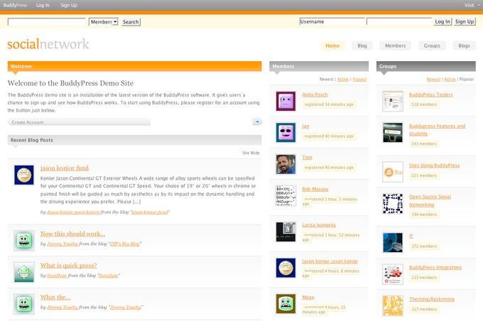 Demo-Installation von BuddyPress auf testbp.org. Blogs treten beim Standardlayout in die zweite Reihe. Demo-Installation von BuddyPress auf testbp.org. Blogs treten beim Standardlayout in die zweite Reihe.