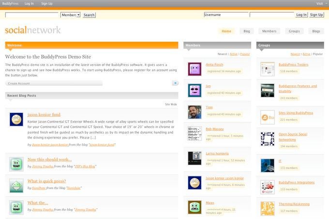 Demo-Installation von BuddyPress auf testbp.org. Blogs treten beim Standardlayout in die zweite Reihe.