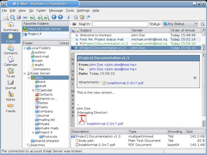 In der Standard-KDE-Umgebung kommt als Client Kontact zum Einsatz. Die Ordner im hierarchisch sortierten Maileingang können durch verschiedene Icons gekennzeichnet werden. In der Standard-KDE-Umgebung kommt als Client Kontact zum Einsatz. Die Ordner im hierarchisch sortierten Maileingang können durch verschiedene Icons gekennzeichnet werden.
