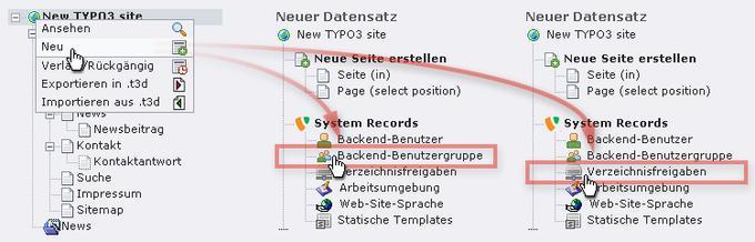 Abbildung 1: Datensätze für Backend-Benutzergruppen (links) und Verzeichnisfreigaben (rechts) erzeugen.