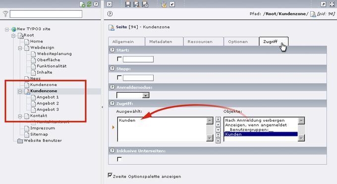 Im Modul „Web / Seite“ kann festgelegt werden, dass die Seite „Kundenzone“ nur für Benutzer der Gruppe „Kunden“ sichtbar ist. Im Modul „Web / Seite“ kann festgelegt werden, dass die Seite „Kundenzone“ nur für Benutzer der Gruppe „Kunden“ sichtbar ist.
