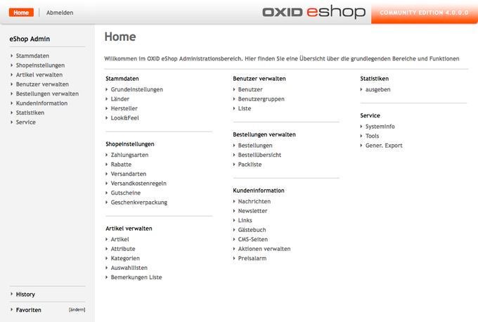 Die Administrationsoberfläche von Oxid eShop präsentiert sich aufgeräumt und ohne unnötigen Balast, wirkt aber auch etwas nüchtern.