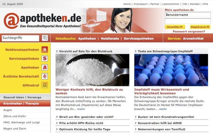 Die Startseite von apotheken.de rückt die umfangreiche Suche und den redaktionellen Content in den Mittelpunkt.