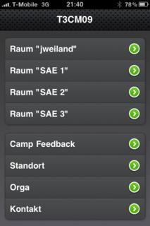 Die iPhone-Website zum TYPO3camp München 2009 setzt bei der Navigation auf eine zweigeteilte Listenansicht. Die einzelnen Räume bilden dabei eine Navigationsgruppe, alle anderen Punkte eine weitere. Die iPhone-Website zum TYPO3camp München 2009 setzt bei der Navigation auf eine zweigeteilte Listenansicht. Die einzelnen Räume bilden dabei eine Navigationsgruppe, alle anderen Punkte eine weitere.