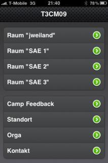 Die iPhone-Website zum TYPO3camp München 2009 setzt bei der Navigation auf eine zweigeteilte Listenansicht. Die einzelnen Räume bilden dabei eine Navigationsgruppe, alle anderen Punkte eine weitere.