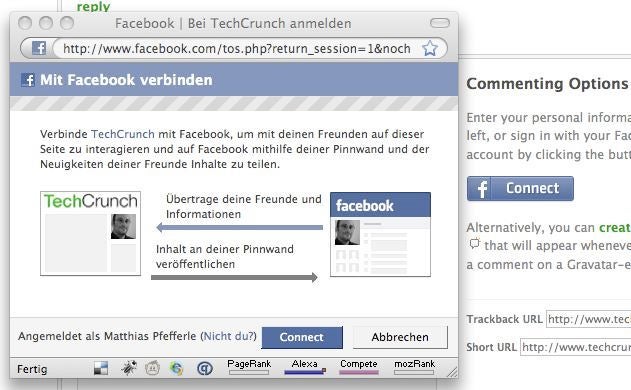 Facebook Connect verbindet den Single-Sign-On mit den Elementen des Social-Web und erlaubt unter anderem die Autentifizierung auf Techcrunch.