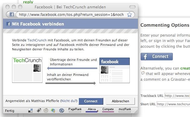 Facebook Connect verbindet den Single-Sign-On mit den Elementen des Social-Web und erlaubt unter anderem die Autentifizierung auf Techcrunch. Facebook Connect verbindet den Single-Sign-On mit den Elementen des Social-Web und erlaubt unter anderem die Autentifizierung auf Techcrunch.