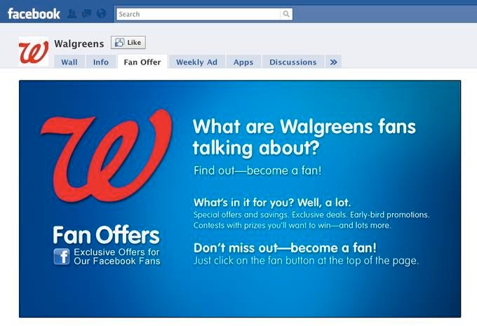 Spezielle Fan-Angebote sollen die Nutzer dazu motivieren, Fans des Online-Händlers Walgreens auf Facebook zu werden.