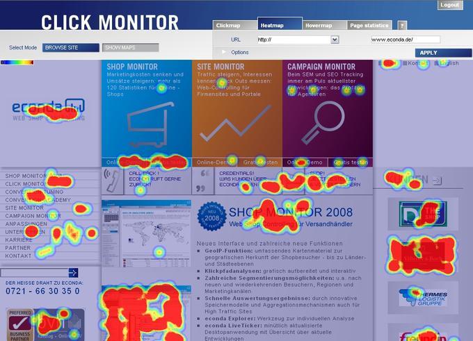 Econda bietet eine Reihe von Visualisierungen der Besucherbewegungen. Hier eine Heatmap, also die kumulierte Anzahl von Klicks mit der linken Maustaste auf die Live-Page (unabhängig davon, ob dort ein Link sitzt oder nicht).