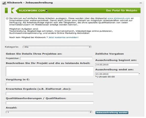 Der Online-Marketing Assistent bietet eine Anbindung an die deutschsprachige Microjob-Plattform www.klickwork.com.