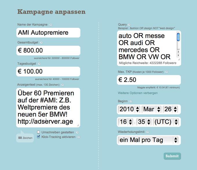 Die Anpassung einer Twitter-Kampagne mit einem Werbenetzwerk ist simpel und  bietet viele unterschiedliche Parameter.