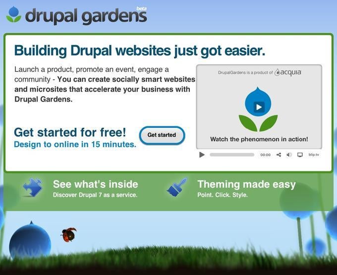 Die Startseite von Drupal Gardens ist der Startpunkt zur eigenen kostenlosen Drupal-7-Website. 