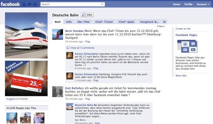 Die Chefticket-Kampagnenseite der DB auf Facebook enthält teilweise harsche Kritik, da sie für viele Nutzer der einzige Kanal zur Kommunikation mit dem Konzern ist.