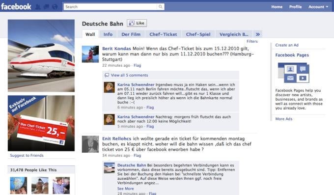 Die Chefticket-Kampagnenseite der DB auf Facebook enthält teilweise harsche Kritik, da sie für viele Nutzer der einzige Kanal zur Kommunikation mit dem Konzern ist. Die Chefticket-Kampagnenseite der DB auf Facebook enthält teilweise harsche Kritik, da sie für viele Nutzer der einzige Kanal zur Kommunikation mit dem Konzern ist.