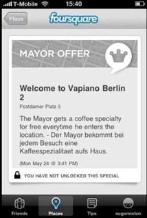 So genannte Bürgermeister von Vapiano in Berlin erhalten beim Einchecken über Foursquare ein Heißgetränk aufs Haus.