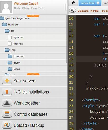 Neben der Syntaxhervorhebung und Tabs bietet Kodingen auch einen FTP-Zugriff, Shell-Zugang und sogar Kollaborationsfunktionen.